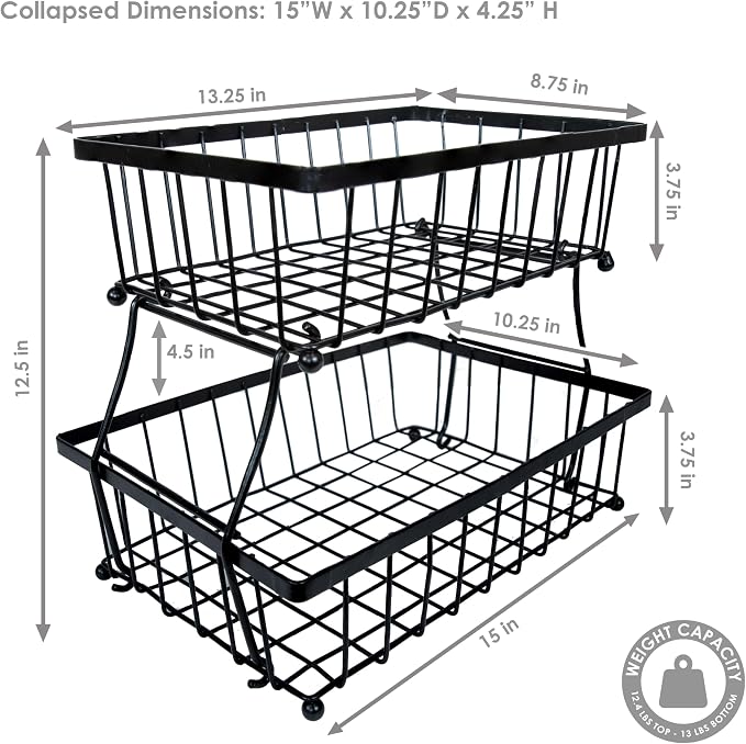 Sunnydaze 2-Tier Metal Wire Fruit Basket for Kitchen Counter - Black | Collapsible for Easy Storage - Iron with Food-Safe, Powder-Coated Finish - 10 lb Weight Capacity - Image 3