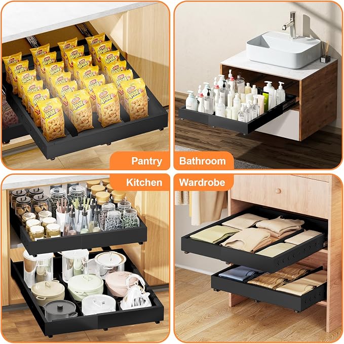 Pull out Cabinet Organizer Expandable W(12"-20") and D(16"-22"), No Drill Adjustable Slide Out Drawers With 3 Slide Rails, 2Pcs Magnetic Panel, Adhesive Roll out Shelves for Kitchen, Cabinets, Pantry - Image 7
