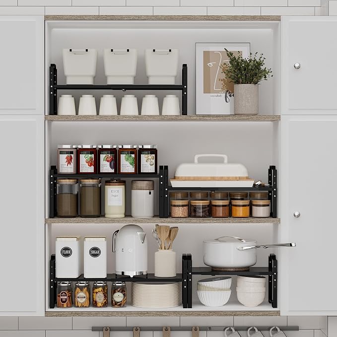 Jojocross Expandable Shelf for Cabinet Organizer Adjustable Stackable Spice Rack at Kitchen and Bathroom More, Counter Countertop Cupboard Organization Pantry Storage(LARGE/2PACKS/BLACK) - Image 4