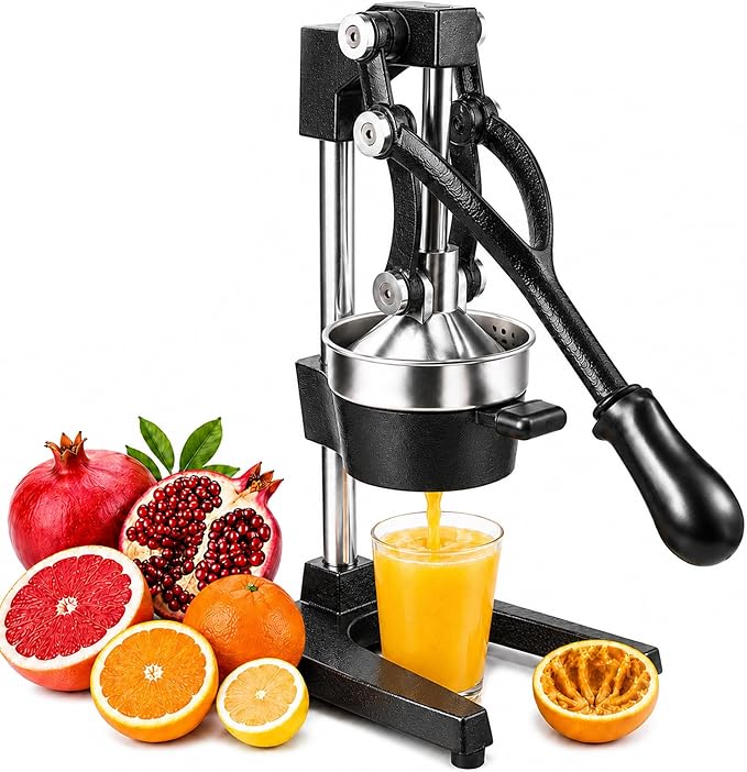 Y-ME Cast Iron Juicer, Heavy Duty Manual Citrus Press & Lemon Squeezer, Hand Juicer with Stainless Steel Strainer, for Orange, Lemon, Lime & Grapefruit, Black by Y-me