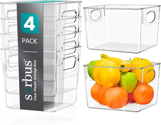 Sorbus Medium Clear Plastic Storage Bins for Shelves, Clothes, with Handle - Clear Storage Bins, Drawer, Shelf, Closet, Pantry, Fridge, Freezer Organizer Bins, Closet Organizers and Storage (4 pack) by Sorbus