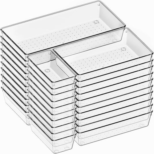 30 Pack Large Clear Plastic Drawer Organizer Bins - Acrylic Kitchen Drawer Organization and Storage Dividers for Utensils Gadgets, Office Bathroom and Vanity Organizer for Makeup Accessoires by Criusia