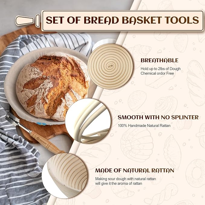 Banneton Bread Proofing Basket Set of 2, 9 Inch Round Sourdough Proofing Basket, Sourdough Starter Kit, Sourdough Bread Baking Supplies with Dough Scraper, Danish Dough Whisk, Bread Lame, Bowl Scraper - Image 3