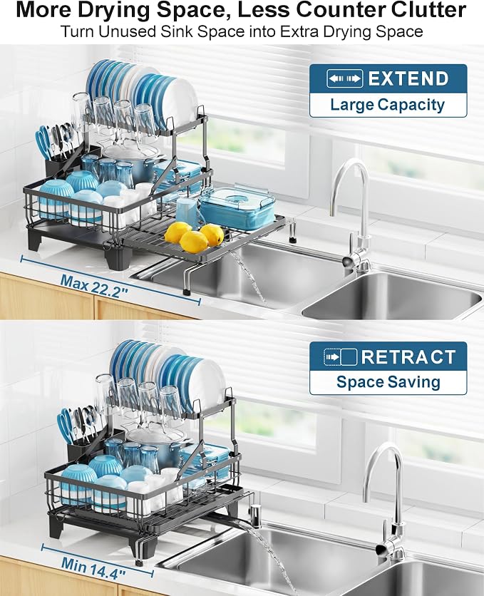 Large 2 Tier Dish Drying Rack - Expandable Over Sink & Counter Use | Extendable Drying Space, Auto-Drain Spout, Stable Screw-Fixed Frame, Cup & Utensil Holder, Rust-Resistant Kitchen Rack, Black - Image 2