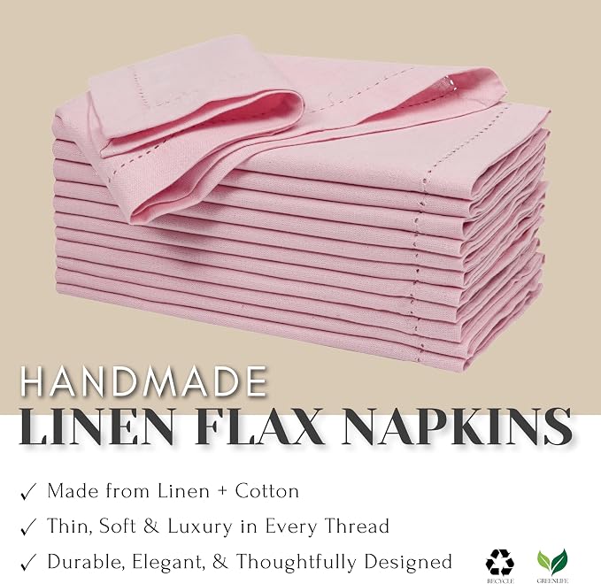 Ramanta Home Pink Cloth Dinner Napkin Set of 24-18x18 Inch | Cotton Linen Flax Hemstitched Napkins Washable for Everyday Use - Image 6