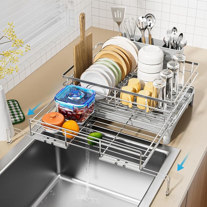 Laveshop Dish Drying Rack, 304 Stainless Steel Expandable Dish Drainer for Kitchen Counter, Space-Saving with Utensil Holder, Gray by Unknown