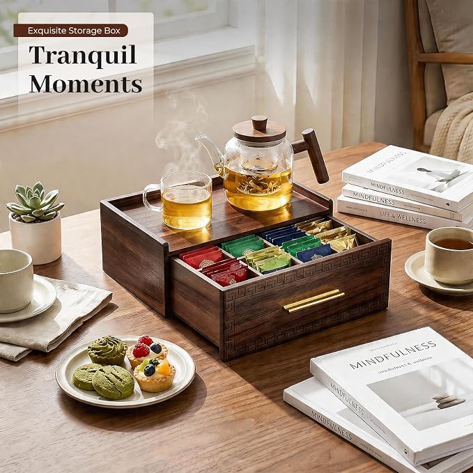 Acacia Wood Tea Bag Organizer with Storage Drawer | 8 Compartments Tea Caddy with Pattern Carving & 2 Ceramic Absorbent Coasters | Wooden Teabag Holder Tea Organizers for Countertop (Walnut) - Image 4