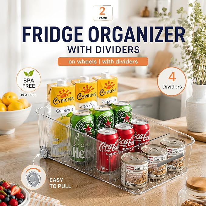 2 Pack Fridge Organizer Bins with Wheels, Clear Roll Out Refrigerator Drawers with Adjustable Dividers and Handles, PET Pantry Storage Bins for Drinks, Snacks, Cans and Cabinet - Image 3