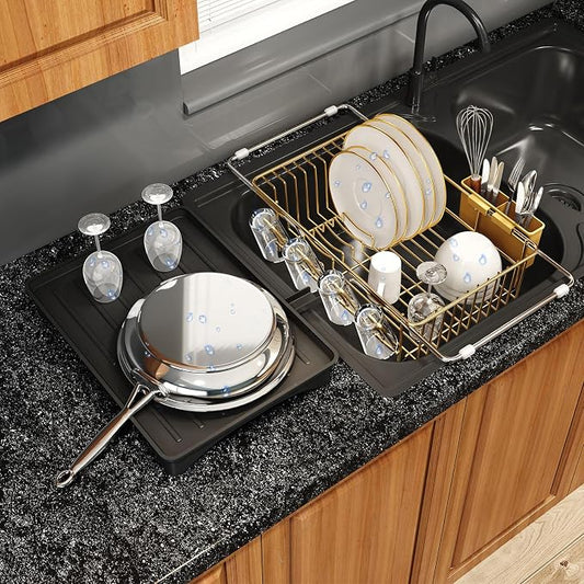 Gold Dish Drying Rack Over Sink with Utensil Holder, Drainboard | Expandable Stainless Steel Dish Drainer for Small Kitchen, Apartment, RV, Counter Space Saving, Perfect Fit, Rustproof by MAJALiS