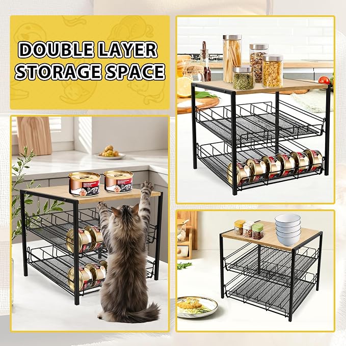 Bamboo & Iron Cat Food Organizer, 2-Tier Stackable Rack Holds 48 Cans 3oz | FIFO auto slide-down,Flat top storage, Organizes pantry & pet food cans - Image 4