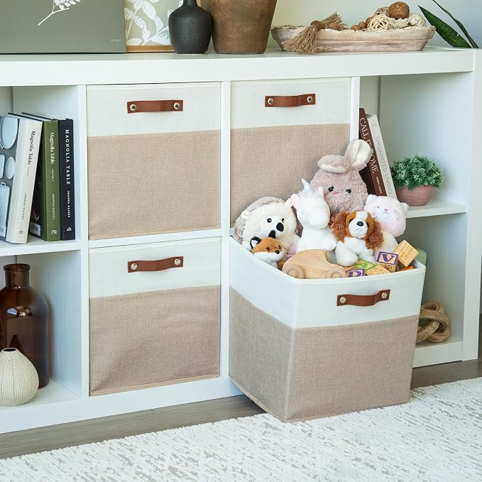 OrganiHaus 13x13 Cube Storage Bins, Set of 4 - Fabric Storage Cubes | Sturdy, holds its shape; odor-free; fits IKEA Kallax and Expedit; vegan leather handles - Image 3