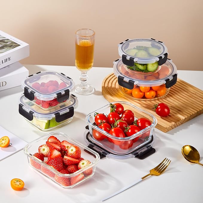 Liuruiyu 12 Pack Glass Food Storage Containers with Lids, Meal Prep Containers, Airtight Bento Boxes with Leak Proof Locking for Microwave, Oven, Freezer and Dishwasher, BPA Free - Image 3
