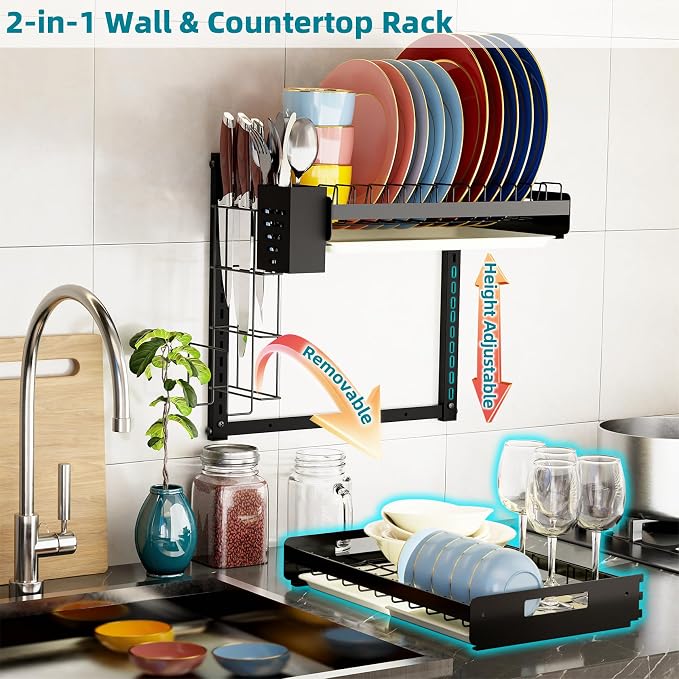 Hanging Wall Mounted Dish Drying Rack, Cutting Board Rack*1, Hook*4, Drain Tray*2, Apartment & RV Wall Mounted Dish Rack, Small Kitchen & Clean Countertop Solution, 2 Layers & 16“ long, Black - Image 5