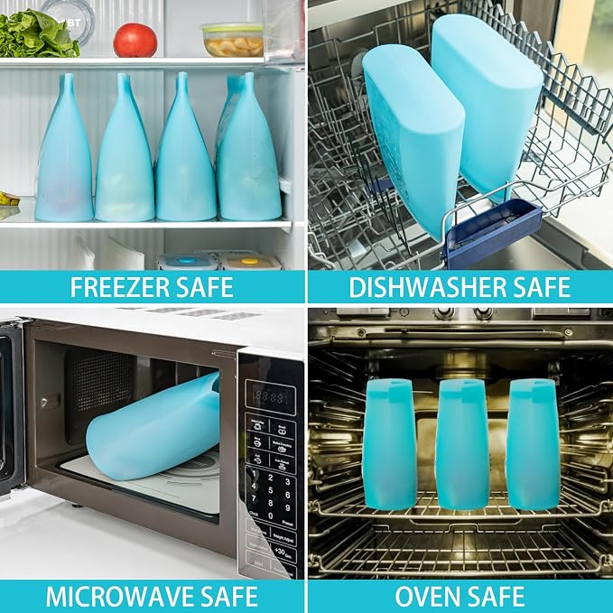Reusable Food Storage Bags Extra Large, 0.8 Gallon/101 fl.oz/3000 ml, 4 Pack 100% Silicone Food Storage Bags Stand-Up Wide-Mouth Zip-Lock for Large Items, Freezer Microwave Oven Dishwasher Safe, Blue - Image 6