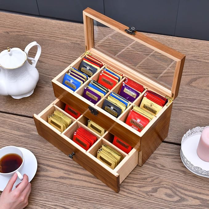 WELLAND Wood Tea Bag Organizer, Storage Box with Clear Acrylic Window, 2-layer 14 Compartments Large Capacity Tea Bag Holders, Gift Idea - Image 2