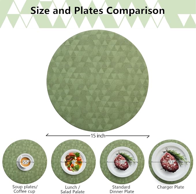 Jovono Upgraded 15" Round Placemats Set of 8, Waterproof & Oil-Proof, Non-Slip Reversible Washable Big Table Mats, Spill-Proof for Kids Families, Restaurant, Hotel, Kitchen, Indoor, Sage Green - Image 4