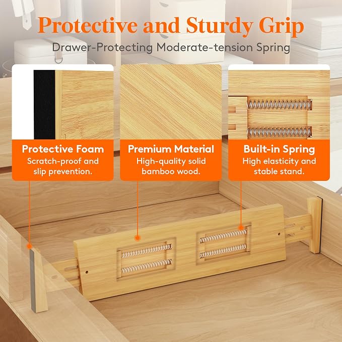 Lifewit 4" High 5 Pack Bamboo Drawer Dividers 43-54cm/17-21.5" Adjustable Wooden Drawer Organizer for Clothes/Utensils, Expandable Drawer Separator for Dresser/Kitchen/Bedroom/Office Organization - Image 3