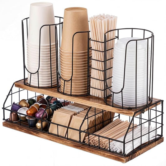 18oz Adjustable Coffee Cup Dispenser with Wooden Base, Cup and Lid Holder, Cups Holder Organizer for Coffee Pod Straw and Lid Storage(4-compartment Double,Color 5) by Geelin