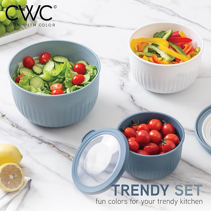 COOK WITH COLOR Prep Bowls with Lids- Wide and Deep Nesting Plastic Small Mixing Bowl Set with Lids, 8 Piece Set - Deep Bowls, Blue/Grey - Image 2
