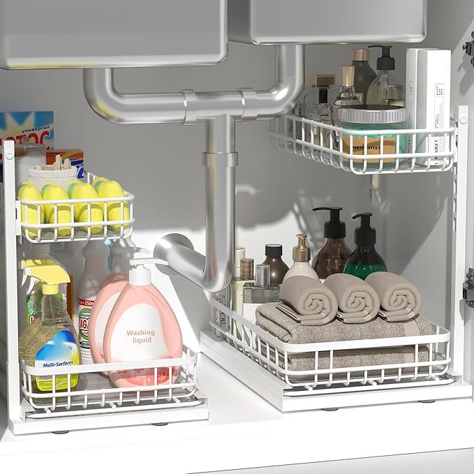 Under Sink Organizer, Adjustable Height Pull-Out Kitchen Storage Organization,15.8" x 11.8" x 16.5", 2-Tier Kitchen Shelf, Bathroom Drawer Organizer, 2 Pack|White by Unknown
