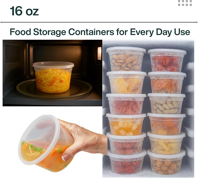 Reusable Plastic BPA-Free Food Storage Deli Container Leak‑Proof | 16oz, 50 set, Heavy Duty, Microwave, Freezer & Dishwasher Safe, Stackable - Image 4