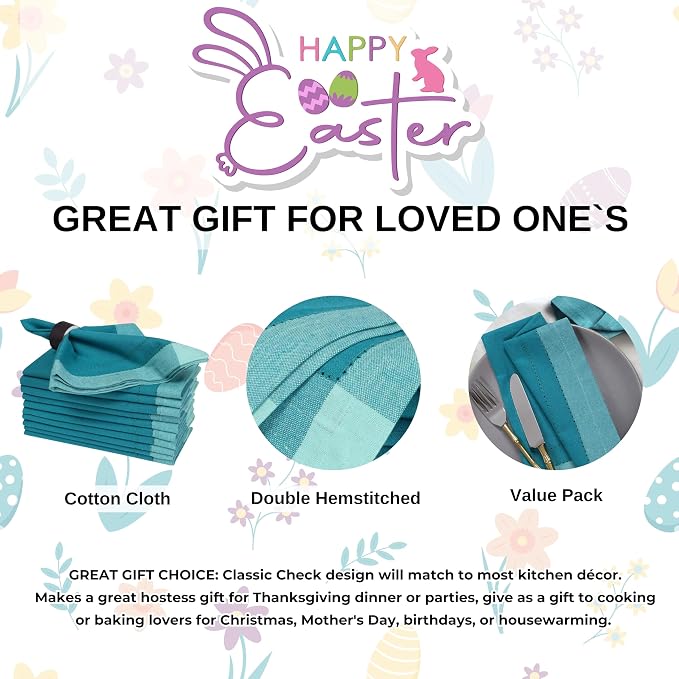 Bedding Craft Cotton Cloth Dinner Napkins Set of 12 – 20x20 Teal Multi Double Hemstitched – Machine Washable Reusable Fabric Napkins for Weddings & Dinner Tables - Image 5