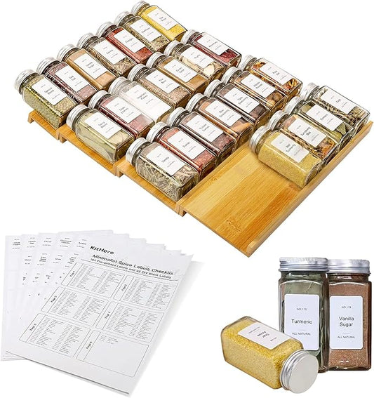Spice Drawer Organizer with 28 Spice Jars and 216 Labels,Non-slip Rubber, Bamboo 4 Tier Spice Racks Tray Seasoning Containers for Kitchen Drawers,Cabinets,Countertops,13" Wide * 15.8" Deep by KitHero