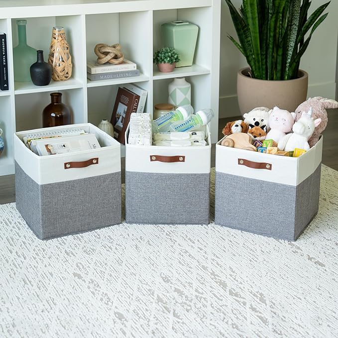 OrganiHaus 13x13 Cube Storage Bins, Set of 4 - Fabric Storage Cubes | Sturdy, holds its shape; odor-free; fits IKEA Kallax and Expedit; vegan leather handles - Image 4