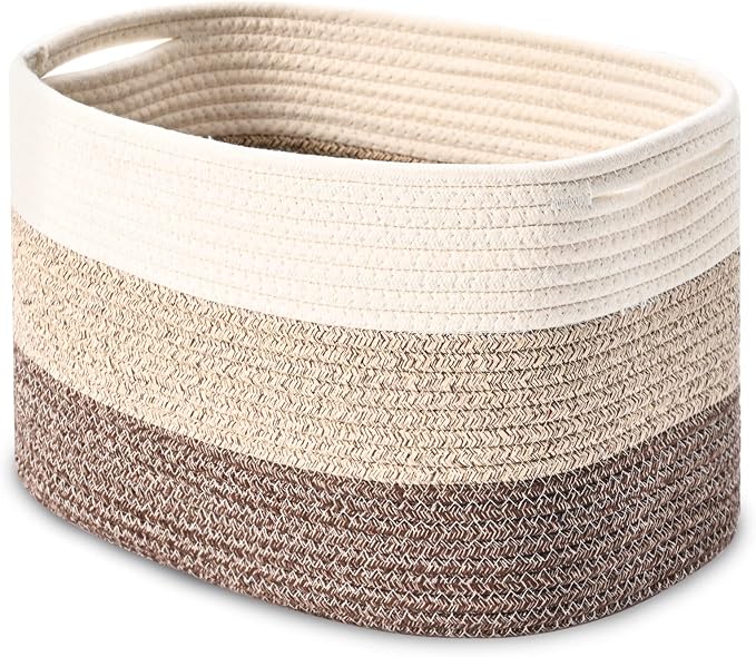 Cotton Rope Storage Baskets for Organizing 1Pack 15"x10"x9" Woven Baskets for Storage,Shelf Baskets Cube Storage Bins Towel Baskets for Bathroom,Toys Baskets Nursery Basket Laundry Baskets(White/Brown) by HOMHOLDON