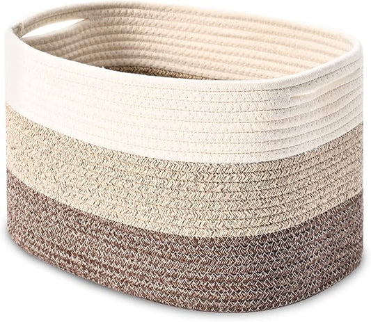 Cotton Rope Storage Baskets for Organizing 1Pack 15"x10"x9" Woven Baskets for Storage,Shelf Baskets Cube Storage Bins Towel Baskets for Bathroom,Toys Baskets Nursery Basket Laundry Baskets(White/Brown) by HOMHOLDON