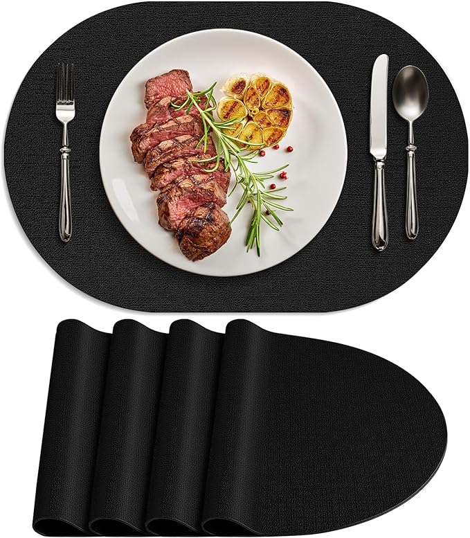 Placemats for Dining Table Set of 4 Non-Slip, Heat Resistant Leather Placemat Double Layer, Waterproof Table Mats Easy to Clean for Kitchen Dining Room Coffee Office Table, Black by Delicateandelegantplacemats