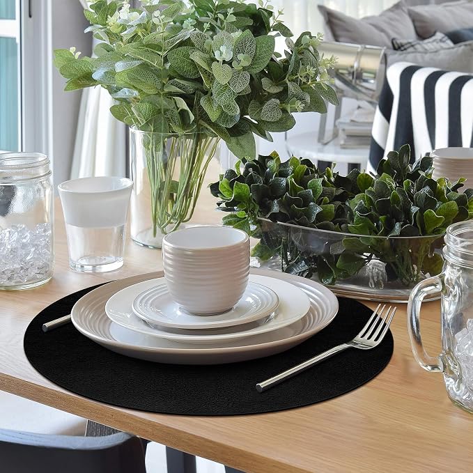 ADRIMER Placemats, Heat Resistant Round Placemats Set of 6 Washable, Waterproof Table Mats, Wipeable Faux Leather Place Mats for Kitchen, Dining Room, Black - Image 4