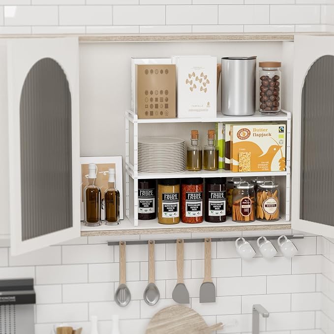 SANNO Expandable Kitchen Shelf Organizers, Large Kitchen Cupboard Organizer Stackable Counter Shelf Spice Rack Expandable Shelves,Pantry Storage Organization, White,1 pack - Image 3