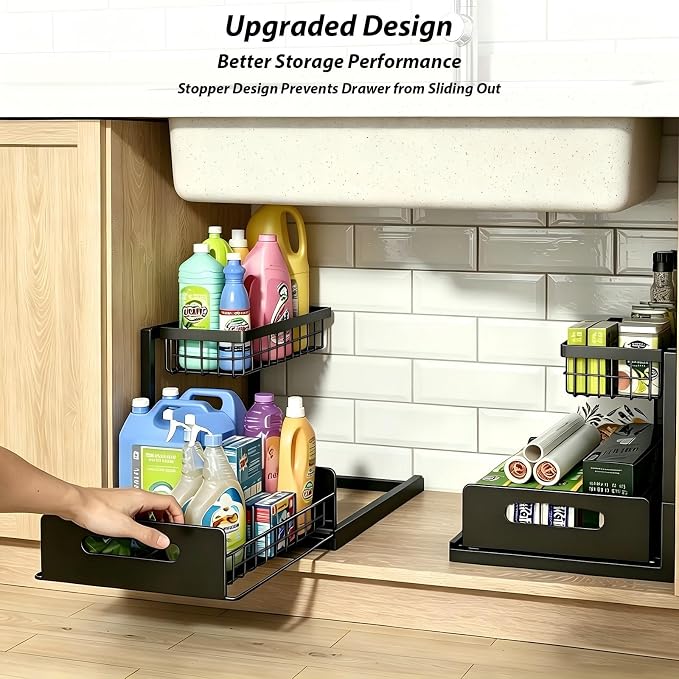 2 Pack Upgraded Under Sink Organizer, 2 Tier Pull out Kitchen Cabinet Organizer Metal Slide out Bathroom Organizers and Storage Makeup Drawer Organizer for Office Bedroom Restroom Living Room, L-Black - Image 5