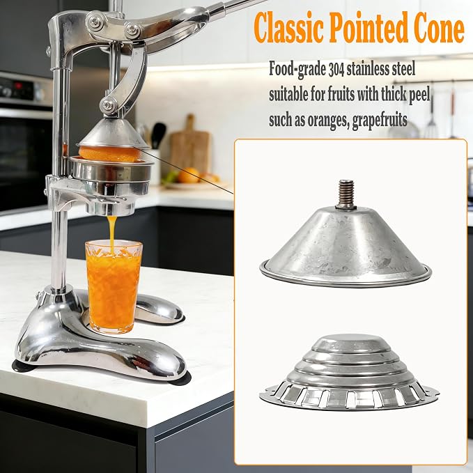 2IN1 Cast Aluminum Manual Citrus Juicer Hand Press,Upgraded of Iron,Funnel Cone in 304 Stainless Steel,H 17.72inch,Orange Lemon Pomegranate Squeezer Machine Heavy Duty,Electroplate Surface(Silver) - Image 3