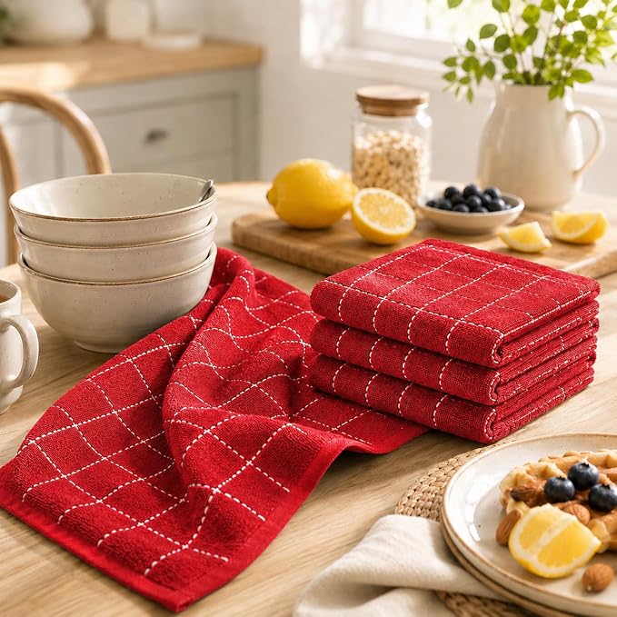 Kitinjoy 100% Cotton Terry Kitchen Towels, 13”x 28”, 8-Pack, Red | Checkered Designed, Ultra Soft Absorbent Quick Drying Dish Towels - Image 3