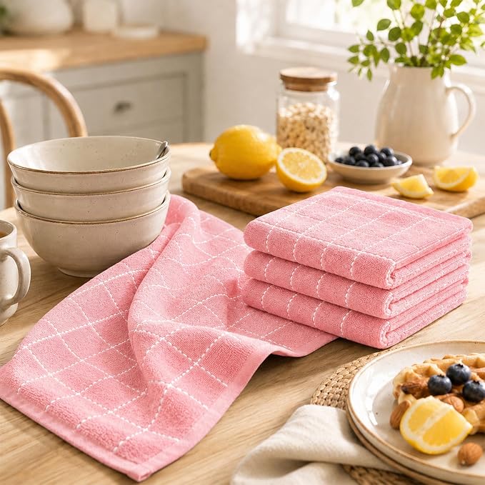 Kitinjoy 100% Cotton Terry Kitchen Towels, 13”x 28”, 4-Pack, Pink | Checkered Designed, Ultra Soft Absorbent Quick Drying Dish Towels - Image 3