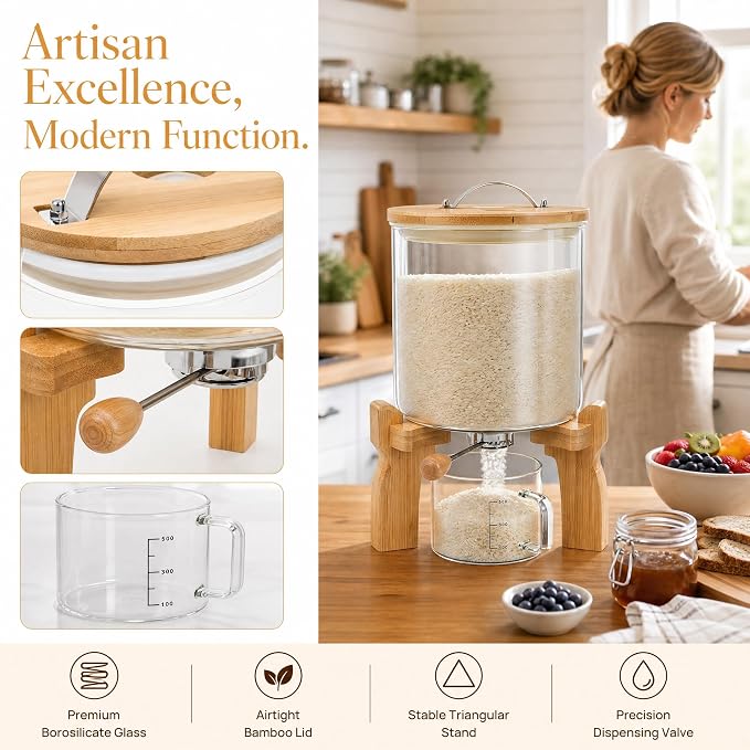 Goaste Glass Rice Dispenser with Bamboo Stand, 5L Flour Cereal Container with Airtight Lid, 8 Lbs Large Grain Food Storage Bucket, Countertop Beans Storage Tank with Measuring Cup & Valve for Dry Food - Image 6