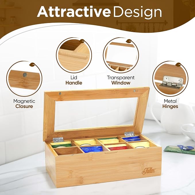 Fuller Bamboo Tea Box Organizer with 8 Compartments – Natural Bamboo Tea Storage Case with Clear Acrylic Lid – Elegant Fuller Tea Caddy for Tea Bags, Coffee Pods, Spices & More – Home & Office - Image 4