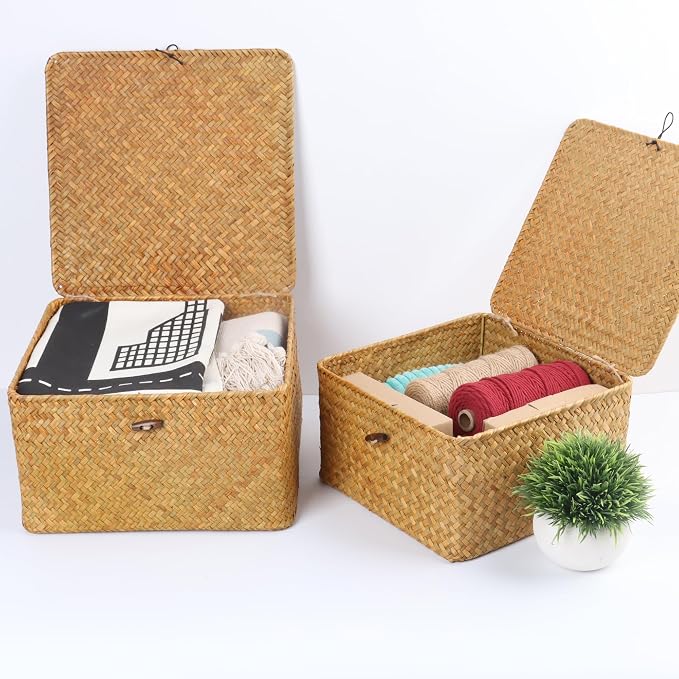 Moosky Wicker Shelf Baskets with Lid, Handwoven Seagrass Storage Basket Bins Square Gift Boxes for Shelves Home Decor Organizer (Natural, Large) - Image 5
