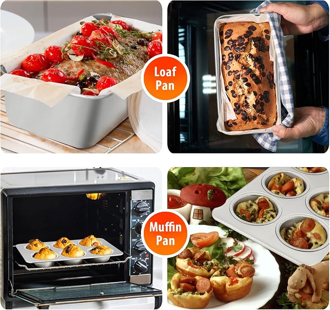 TeamFar Stainless Steel Bakeware Set of 9 | Baking Sheet with Rack, Baking Pan & Pizza Pan, Lasagna Pan with Lid, Square & Round Cake Pan with Lid, Muffin & Loaf Pan - Image 6