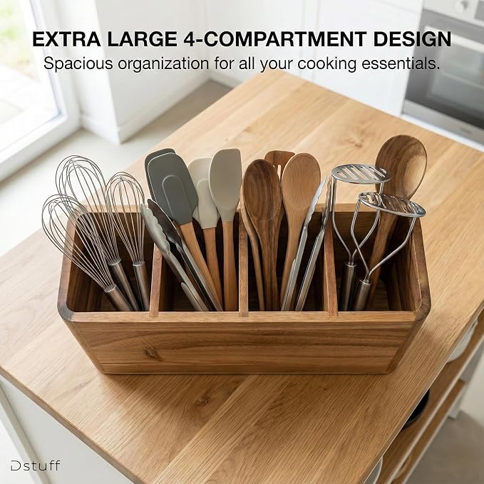 Dstuff Large Kitchen Utensil Holder Organizer for Counter or Countertop, Wooden Storage Container for Cooking and Silverware, Acacia Rustic Wood (4 Compartments) - Image 7
