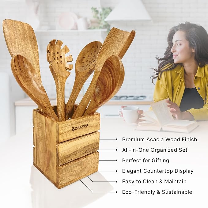 Zalvio 12-Piece Acacia Wood Kitchen Utensil Set – Wooden Spoons with Holder & Spoon Rest | Handmade Cooking Tools in Premium Gift Packaging - Image 4