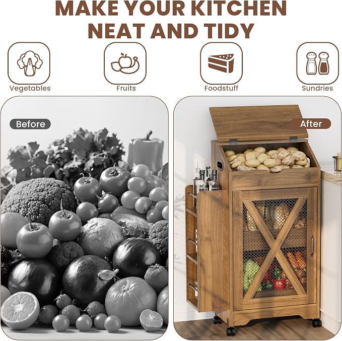 AwayHome Potato Storage Bin, Large Wood Bread Box with Lid, Movable Potato and Onion Storage Bin with Side Spice Rack, Decorative Fruit and Vegetable Organizer Cabinet for Kitchen - Image 4