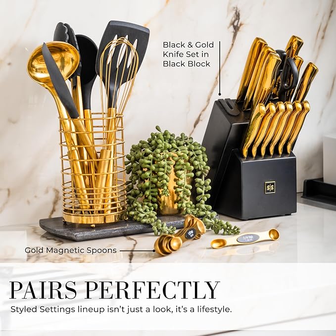 Styled Settings Black and Gold Kitchen Utensils Set with Holder, 7-Piece | Nonstick BPA-Free Silicone Cooking Utensils Set with Gold Utensil Holder, Luxury Kitchen Accessories - Image 3