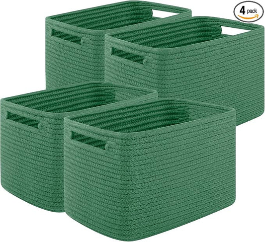 OIASKET 4Packs Natural Cotton Rope Storage Baskets for Organizing Toys, Clothes, Towels & Books, Soft Versatile Organizers for Shelves, Home Decorative Bins, 13''Lx9''Wx7.8''H, Green by OIASKET
