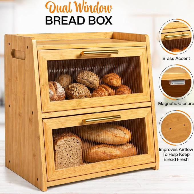 Extra Large Bamboo Bread Box for Kitchen Countertop, Double Layer Wooden Breadbox Holds Multiple Loaves of Homemade Bread, 16.5 Inch Storage Container with Frosted Acrylic Windows - Image 3