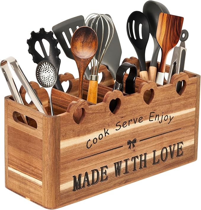 Kitchen Utensil Holder, Large Acacia Wood Organizer for Countertop | Extra Large Farmhouse Style with 4 Compartments, Rustic Wooden Storage for Cooking Tools & Cutlery by BlossoME