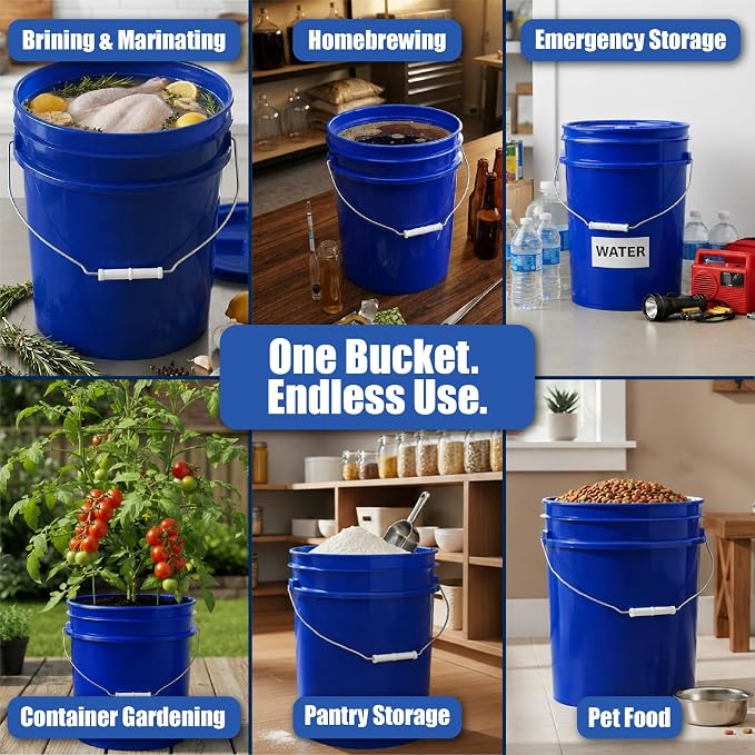 5 Gallon Bucket - Food Grade w/Lid BPA-Free, 12 Pack - Blue | Airtight Gasketed Tear Strip Lid, Heavy-Duty 90 Mil HDPE Plastic Pail, Bulk Storage, Food Safe Durable Container, Made in USA - Image 3