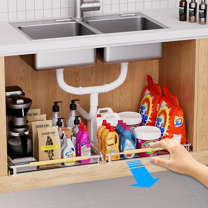 Expandable Pull Out Drawer Cabinet Organizer, Adjustable Width Bottom-Mounted Slide Out Storage Shelves for Cabinets, Required Cabinet Size (W: 20.86"~37.86", D≥22.5"), 1 Pack - Image 6